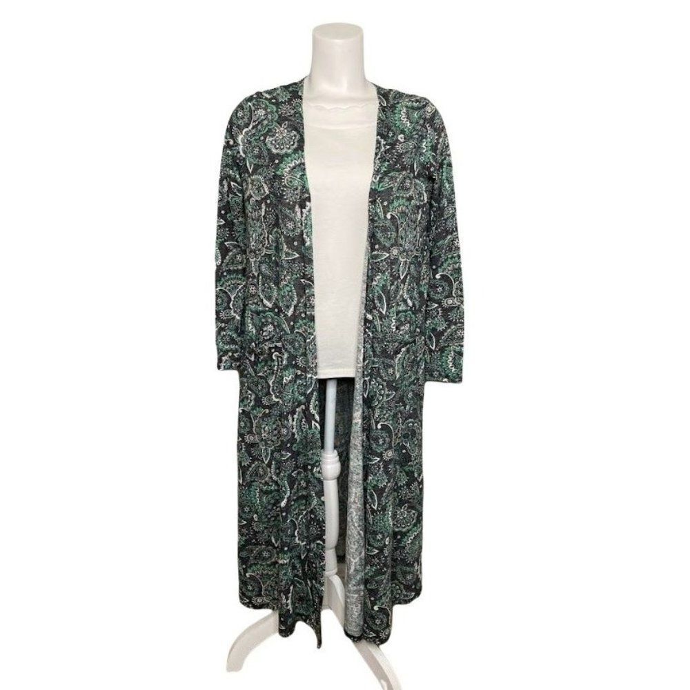 LuLaRoe Sarah Gray Green Paisley Linen Blend‎ Long Cardigan Duster Small